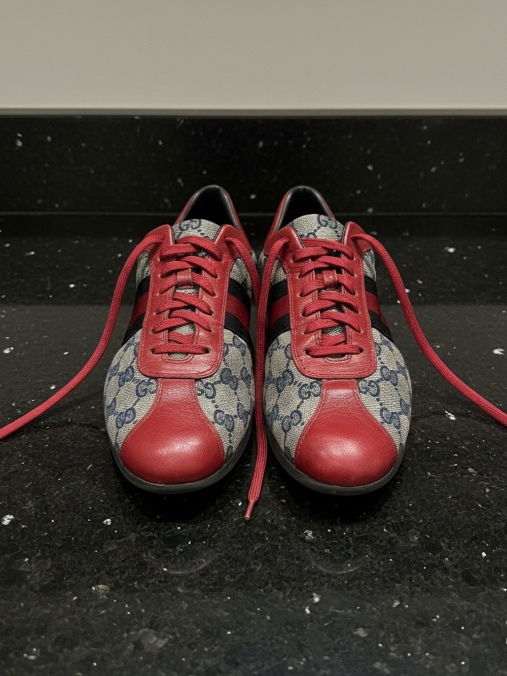 Gucci Red and Blue GG Monogram Men’s Lace-Up Sneakers